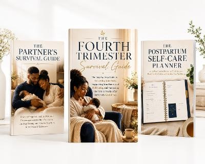 The Fourth Trimester Survival Guide bundle — three printed guides standing together.