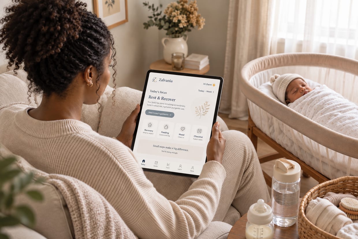A mother resting in an armchair at home with the Zalvania app open on a tablet, her newborn asleep in a bassinet beside her.